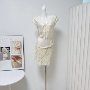 JING Summer Dream Lyocell Tencel Linen Sleeveless Shirt Lace Panel Top