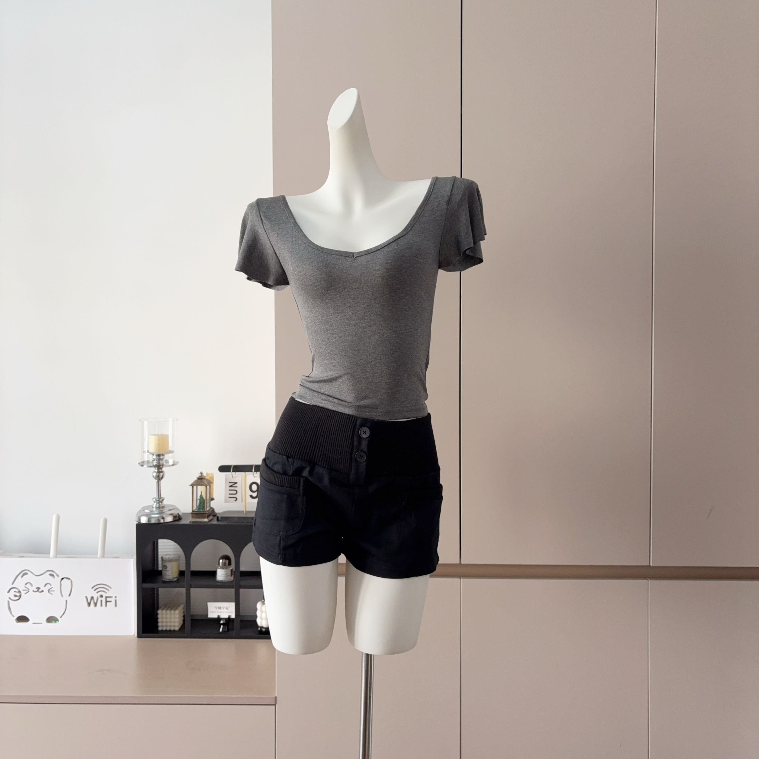 Women's Summer Slim Fit Short Sleeve Top and High Waist Straight Shorts Two Piece Set - Image 2