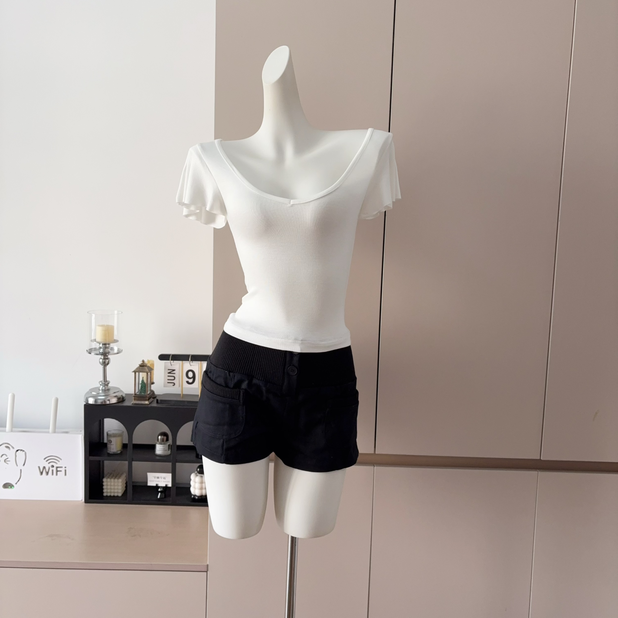 Women's Summer Slim Fit Short Sleeve Top and High Waist Straight Shorts Two Piece Set - Image 3