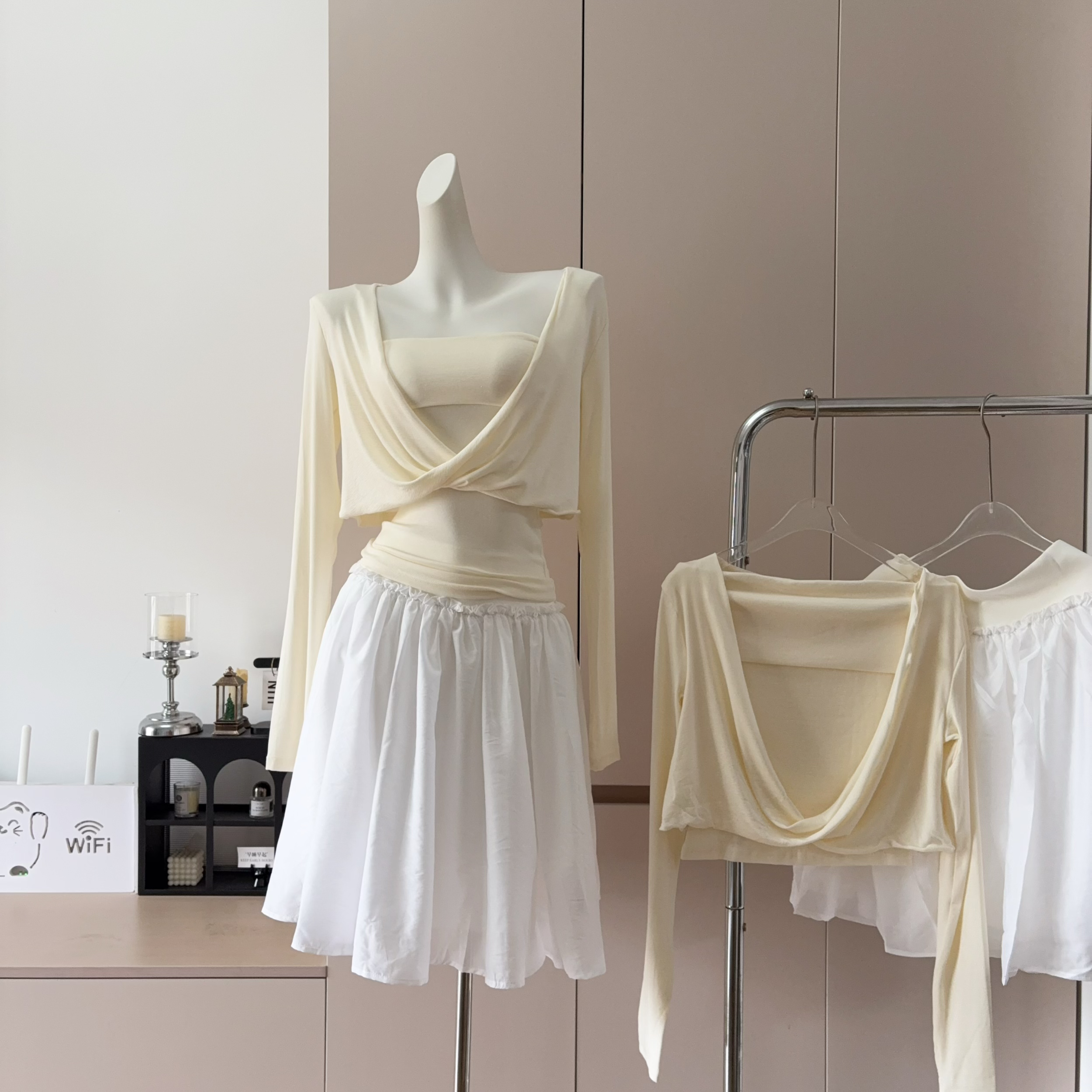 Versatile Strapless Apricot Knit Long Sleeve Top and White Skirt Set for Women Slimming Elegant
