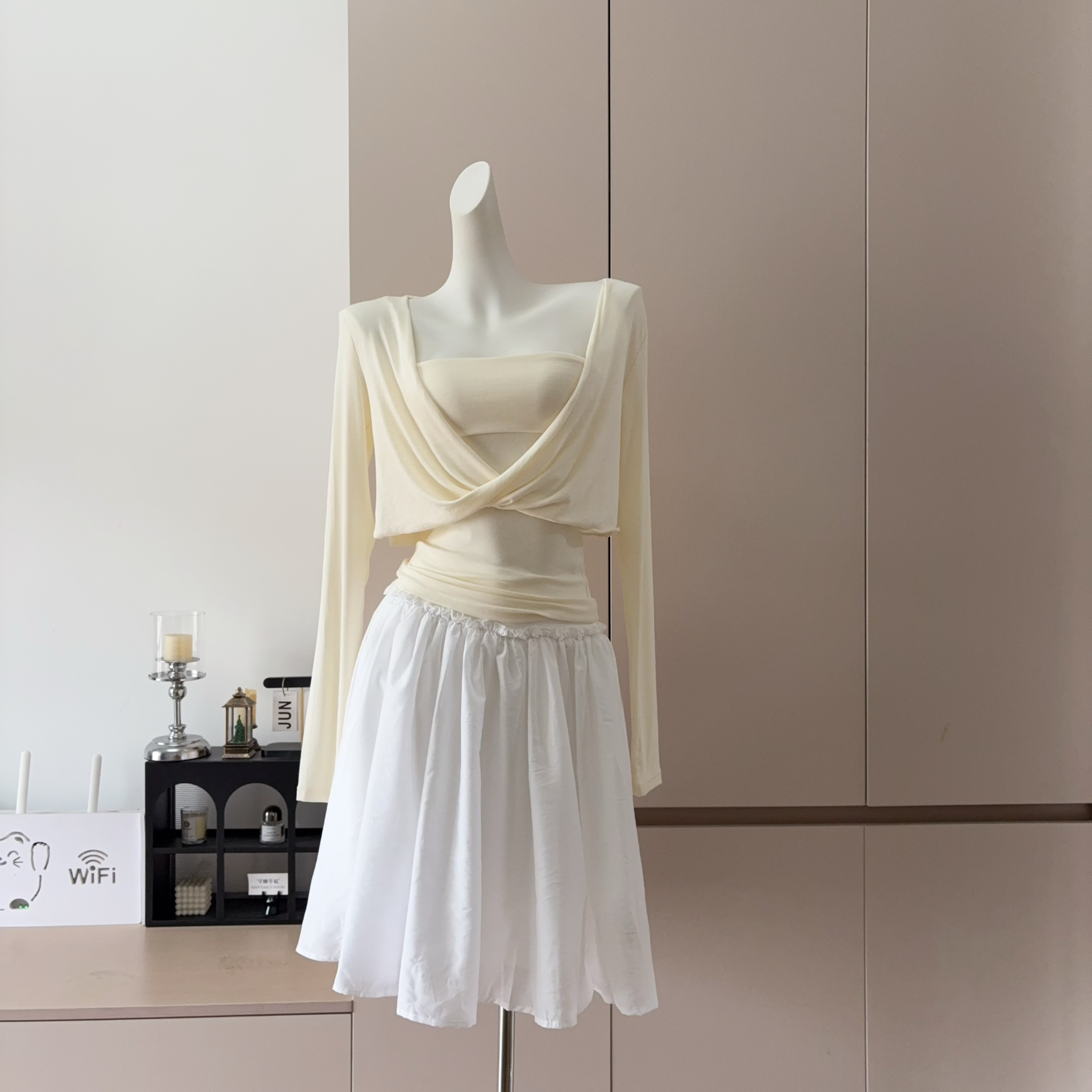 Versatile Strapless Apricot Knit Long Sleeve Top and White Skirt Set for Women Slimming Elegant - Image 2