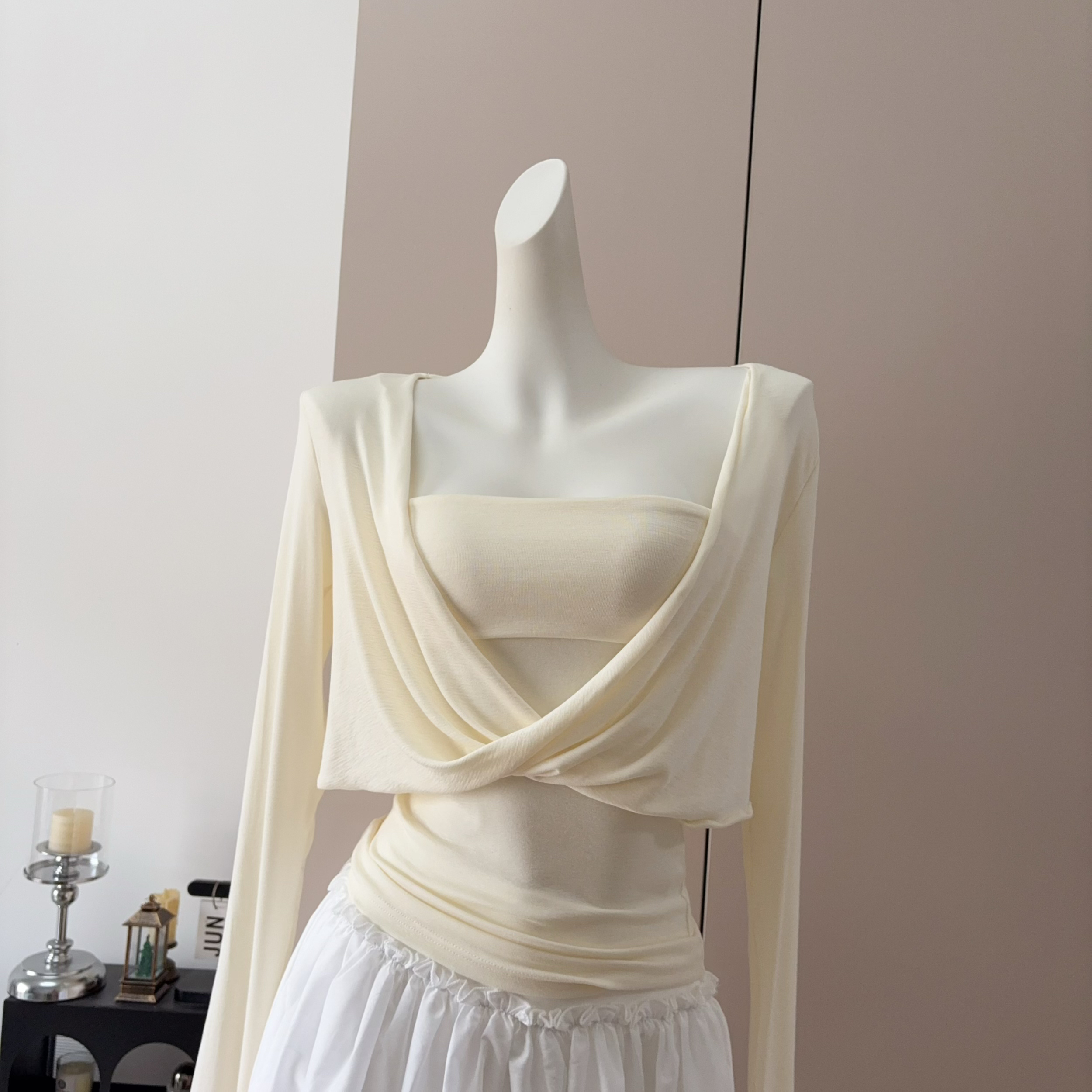 Versatile Strapless Apricot Knit Long Sleeve Top and White Skirt Set for Women Slimming Elegant - Image 4