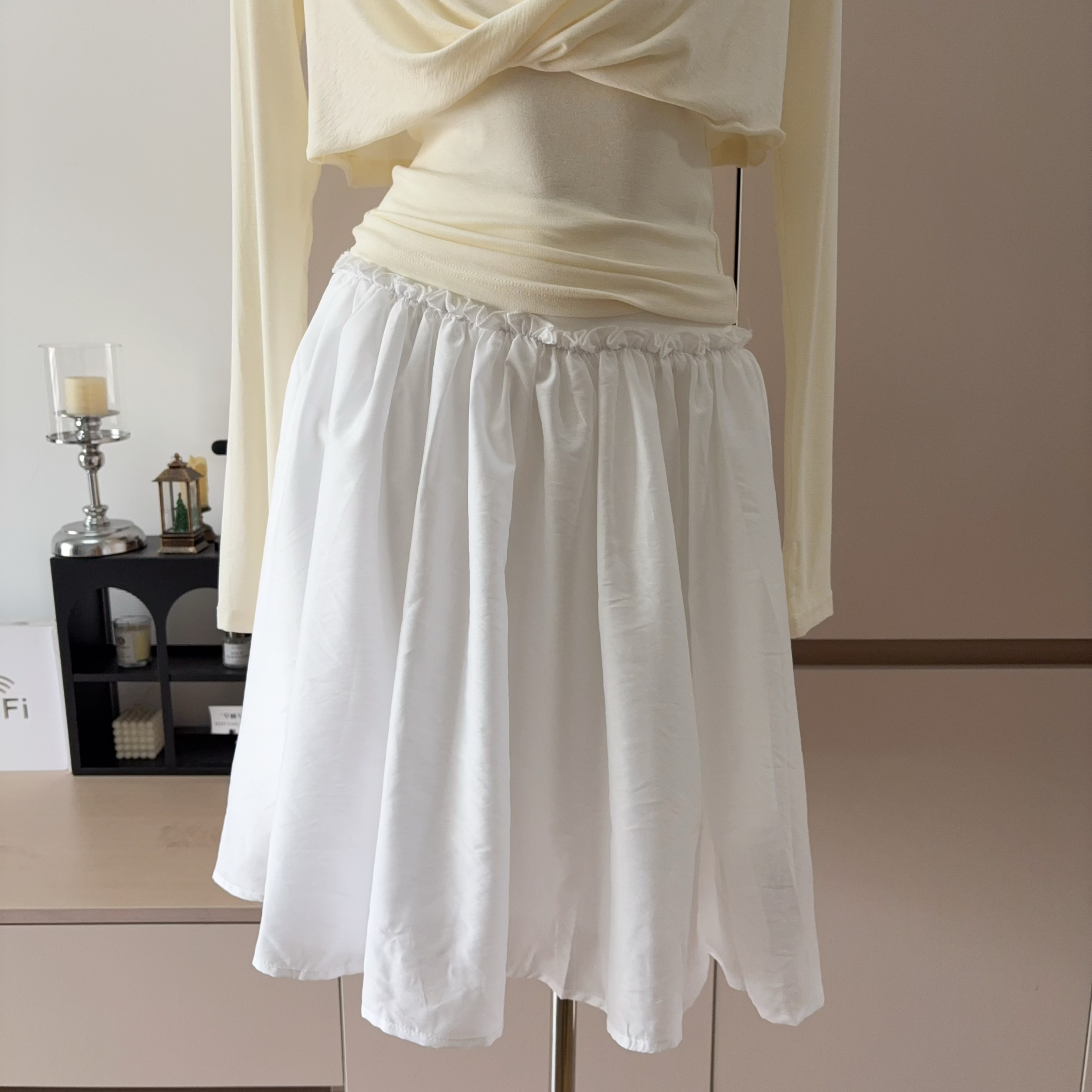 Versatile Strapless Apricot Knit Long Sleeve Top and White Skirt Set for Women Slimming Elegant - Image 5