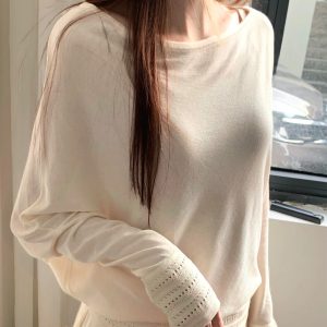 French Style Hollow Out Long Sleeve Knit Sweater for Women 2026 Early Autumn Lazy Elegant Loose Top