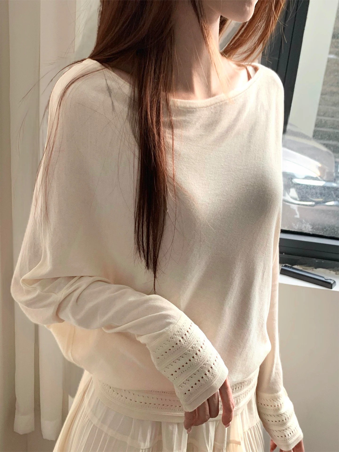 French Style Hollow Out Long Sleeve Knit Sweater for Women 2026 Early Autumn Lazy Elegant Loose Top