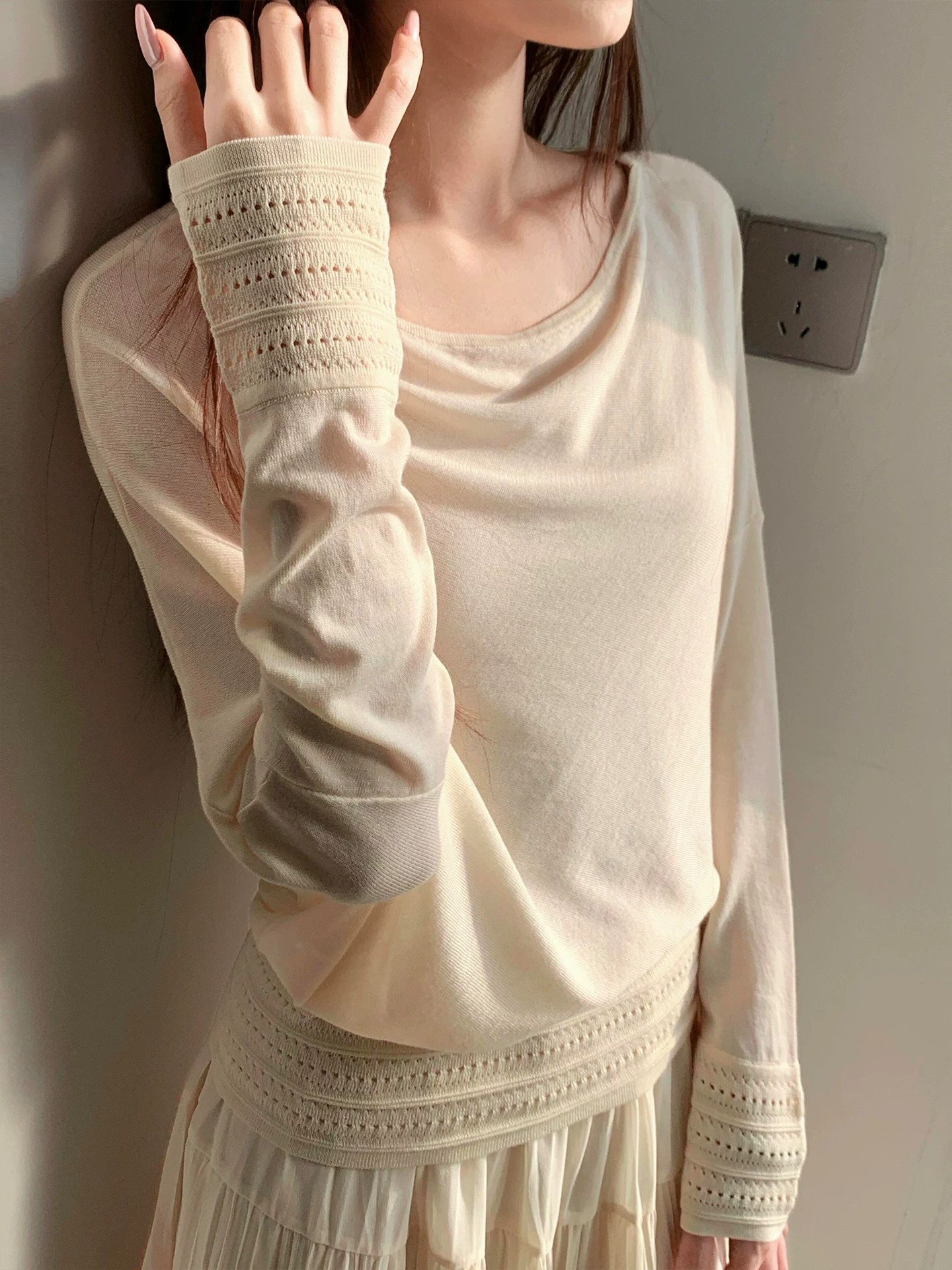 French Style Hollow Out Long Sleeve Knit Sweater for Women 2026 Early Autumn Lazy Elegant Loose Top - Image 3