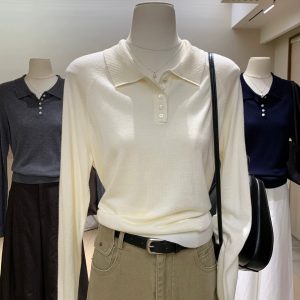 Women's Polo Collar Long Sleeve Knit Top Solid Color Loose Casual Commuter Base Layer