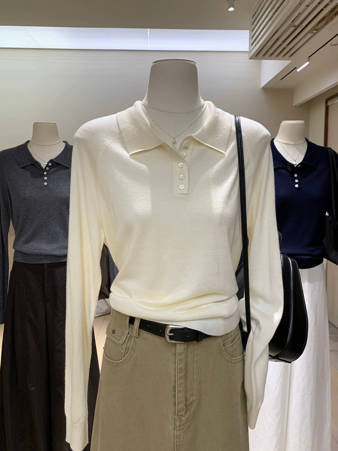Women's Polo Collar Long Sleeve Knit Top Solid Color Loose Casual Commuter Base Layer