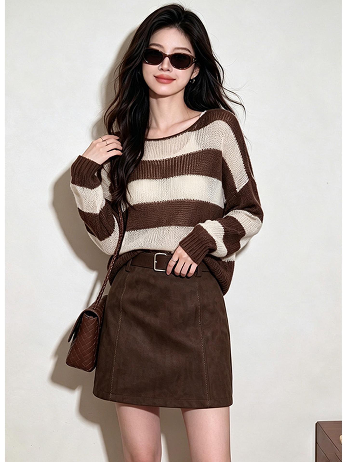 Brown Striped Lightweight Loose Knit Top for Women Fall 2026 - Image 2