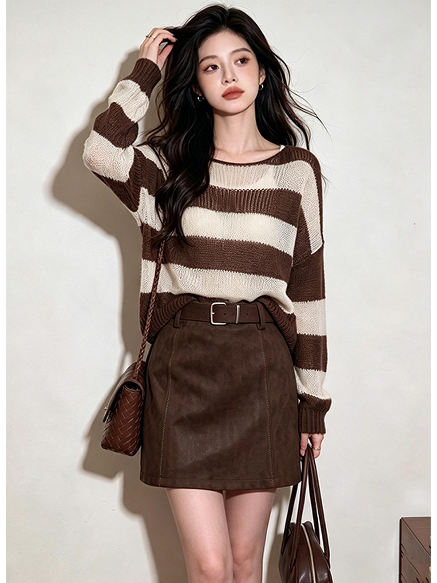 Brown Striped Lightweight Loose Knit Top for Women Fall 2026 - Image 3