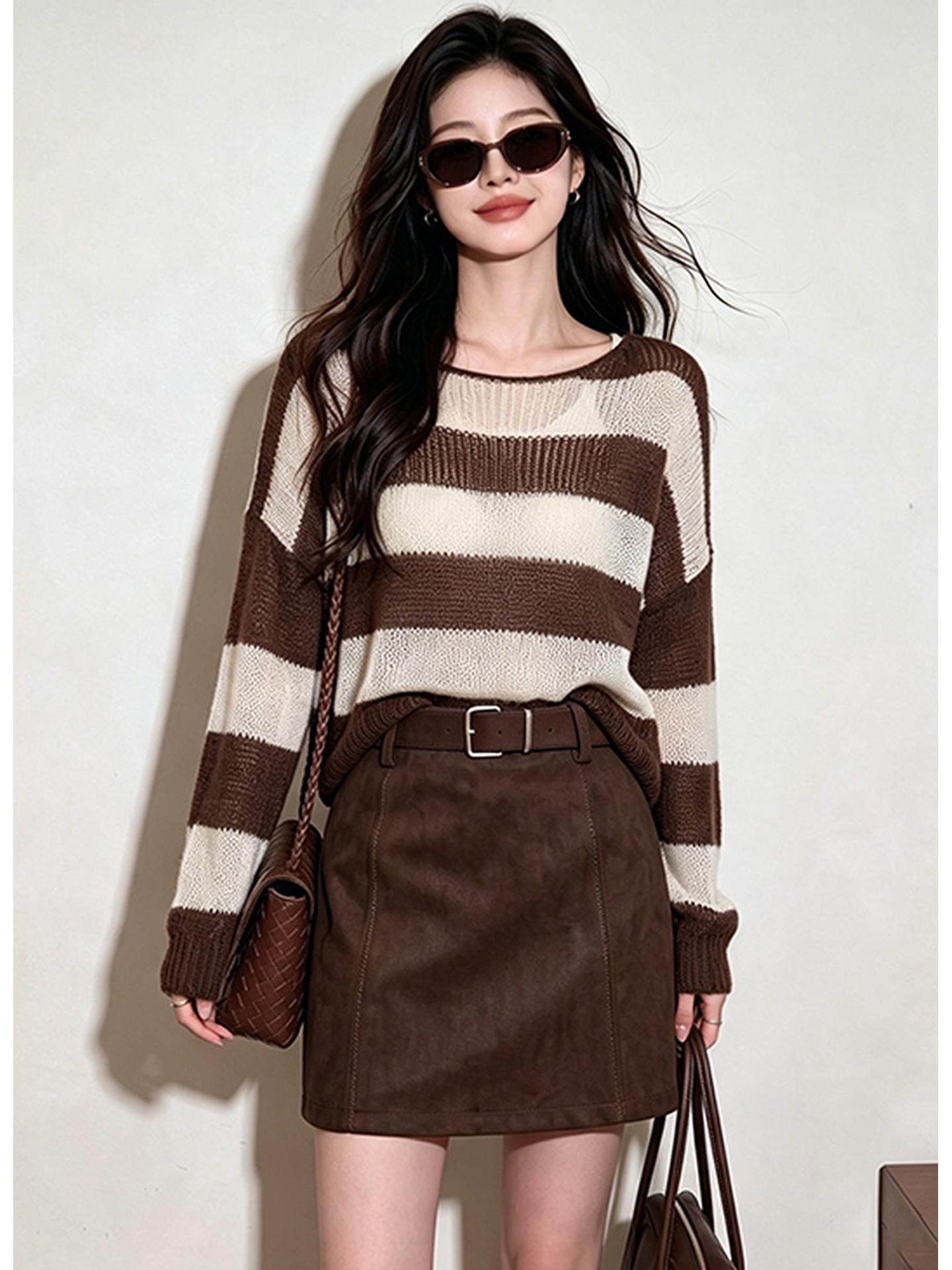 Brown Striped Lightweight Loose Knit Top for Women Fall 2026 - Image 4
