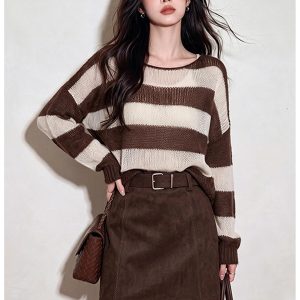 Brown Striped Lightweight Loose Knit Top for Women Fall 2026