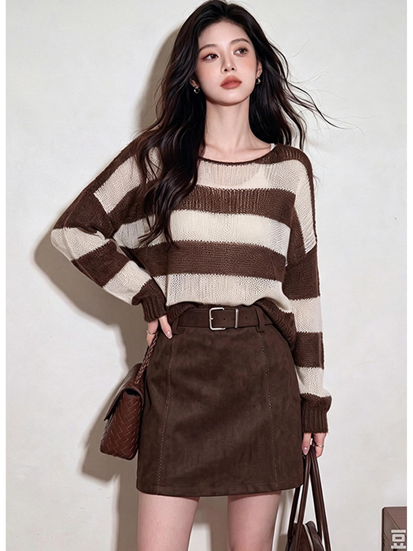 Brown Striped Lightweight Loose Knit Top for Women Fall 2026