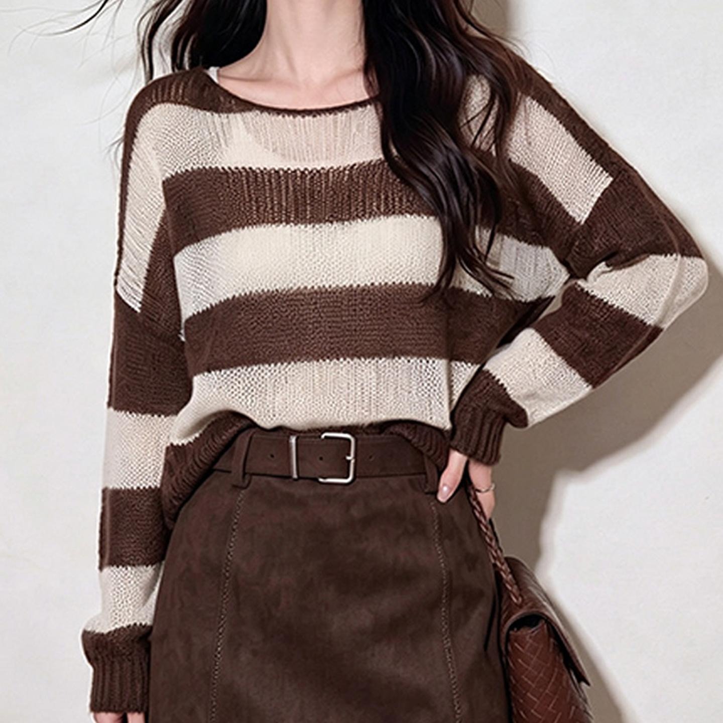 Brown Striped Lightweight Loose Knit Top for Women Fall 2026 - Image 5