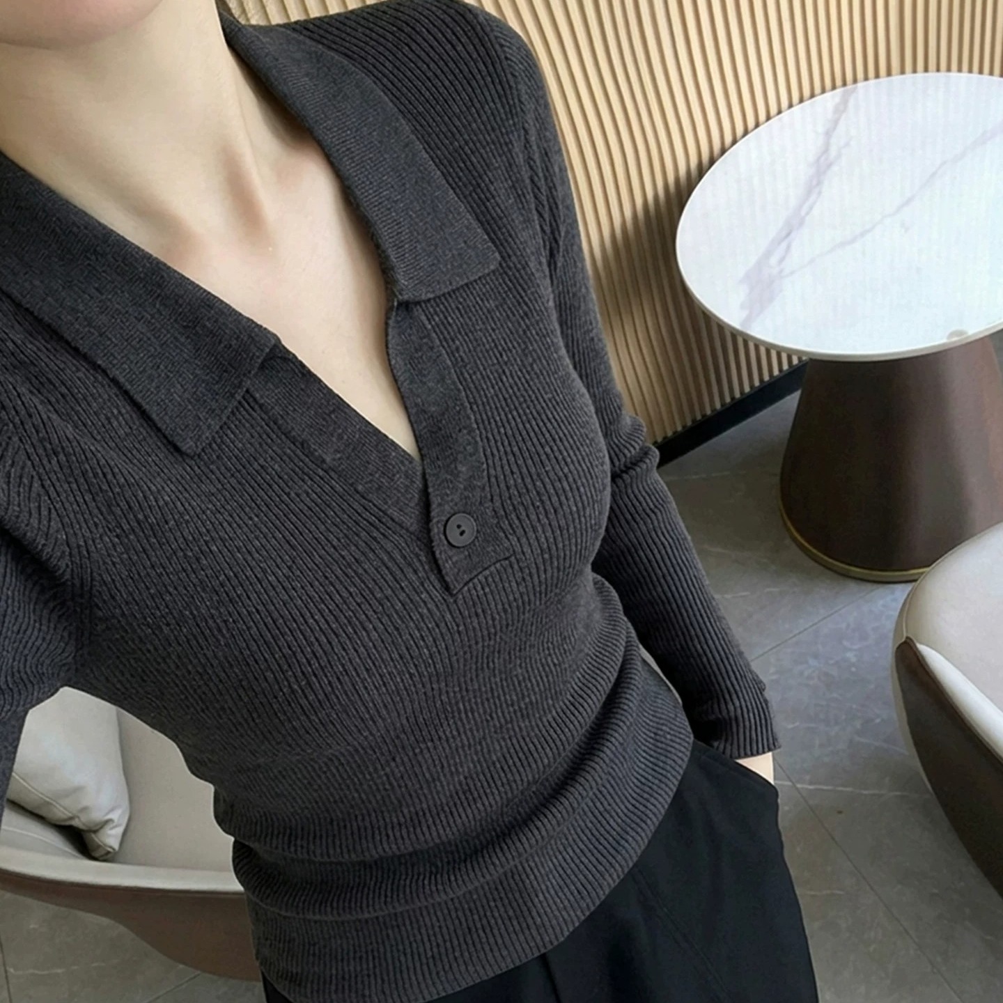 Women's V-Neck Long Sleeve Knit Sweater Slimming French Old Money Style Carbon Gray Early Autumn 2026 - Image 5