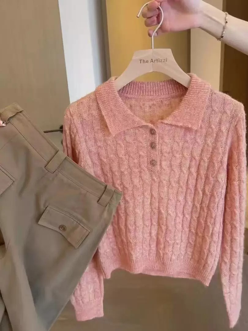 Grapefruit Soda Soft Polo Neck Cable Knit Base Layer Women Autumn Pullover Sweater - Image 2
