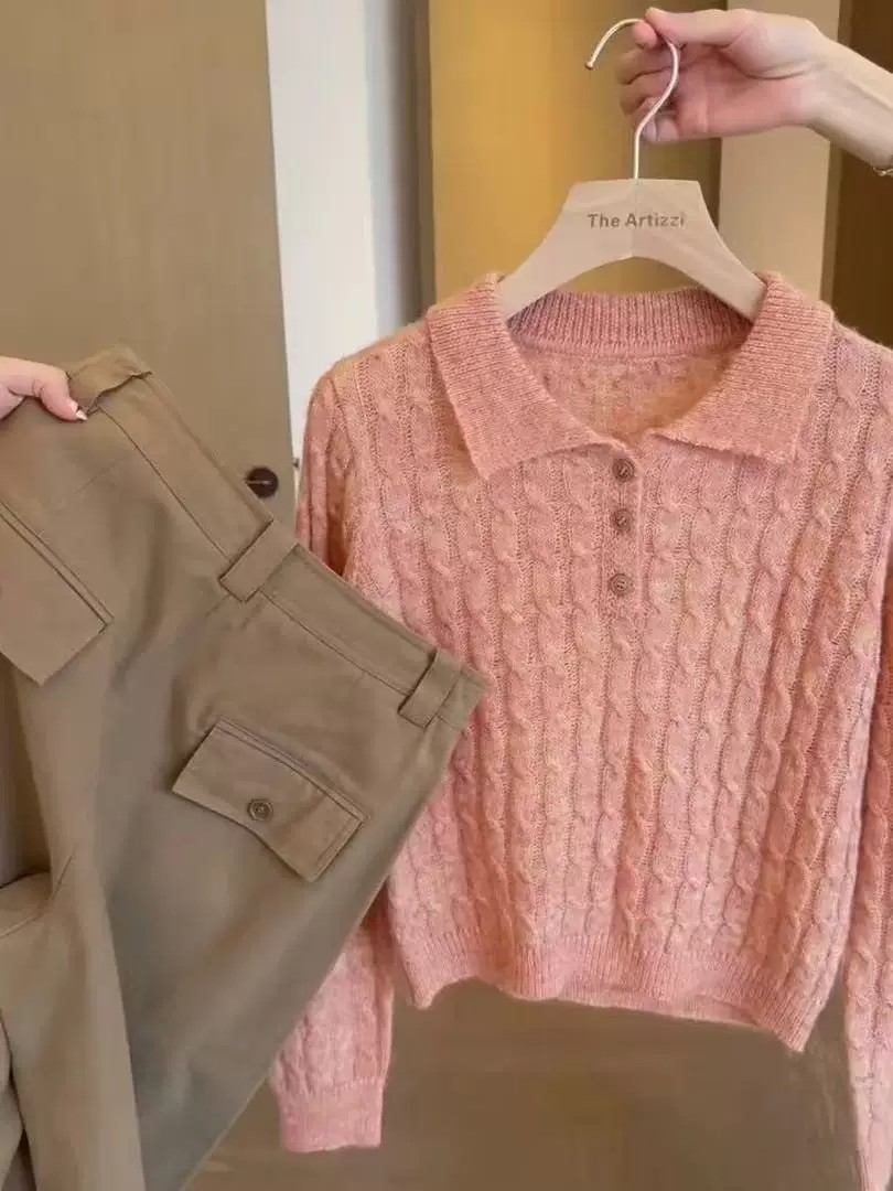 Grapefruit Soda Soft Polo Neck Cable Knit Base Layer Women Autumn Pullover Sweater - Image 3