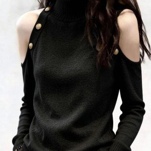 Black Stand Collar Off-Shoulder Knit Top for Women Fall 2026