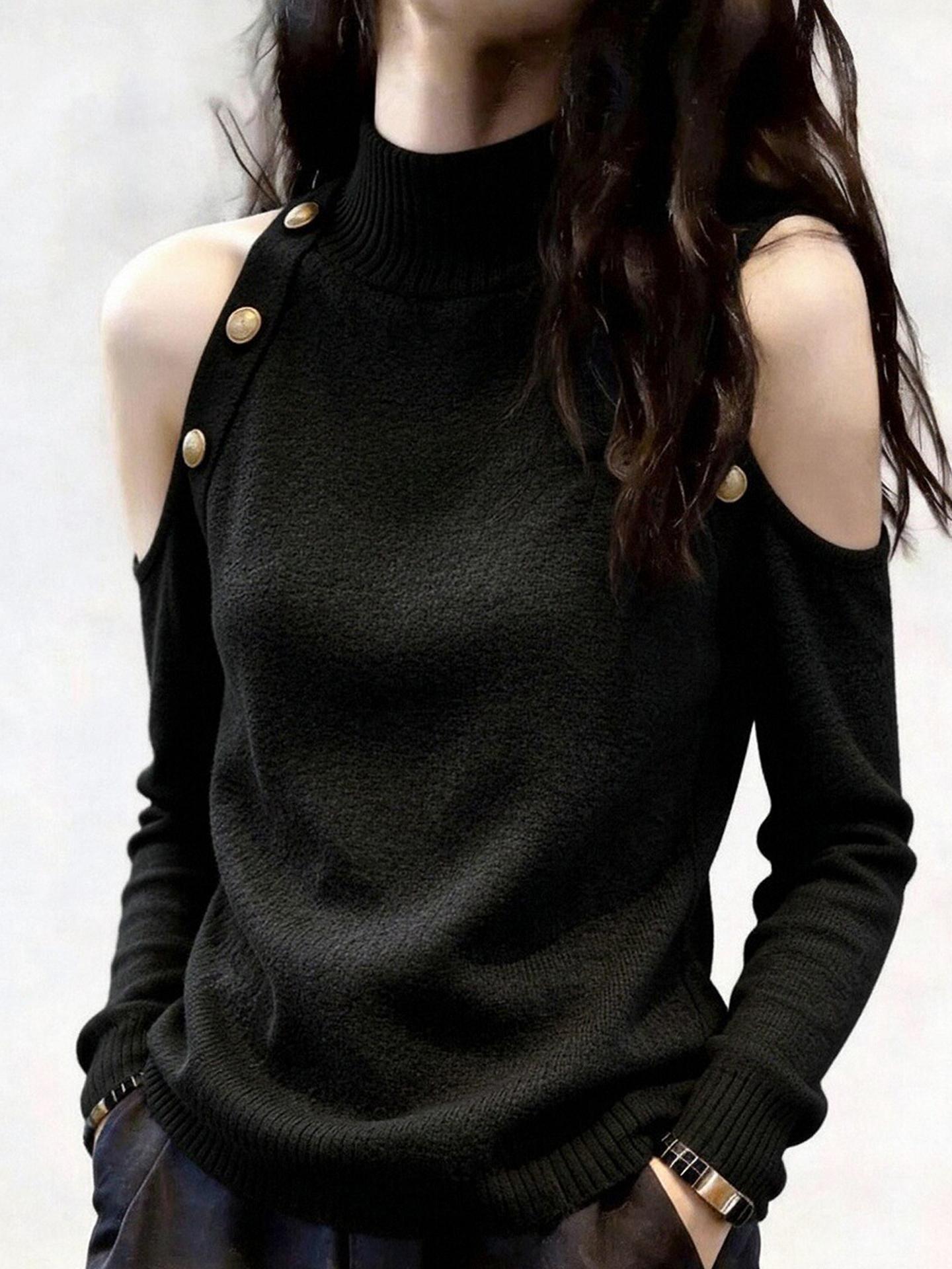 Black Stand Collar Off-Shoulder Knit Top for Women Fall 2026