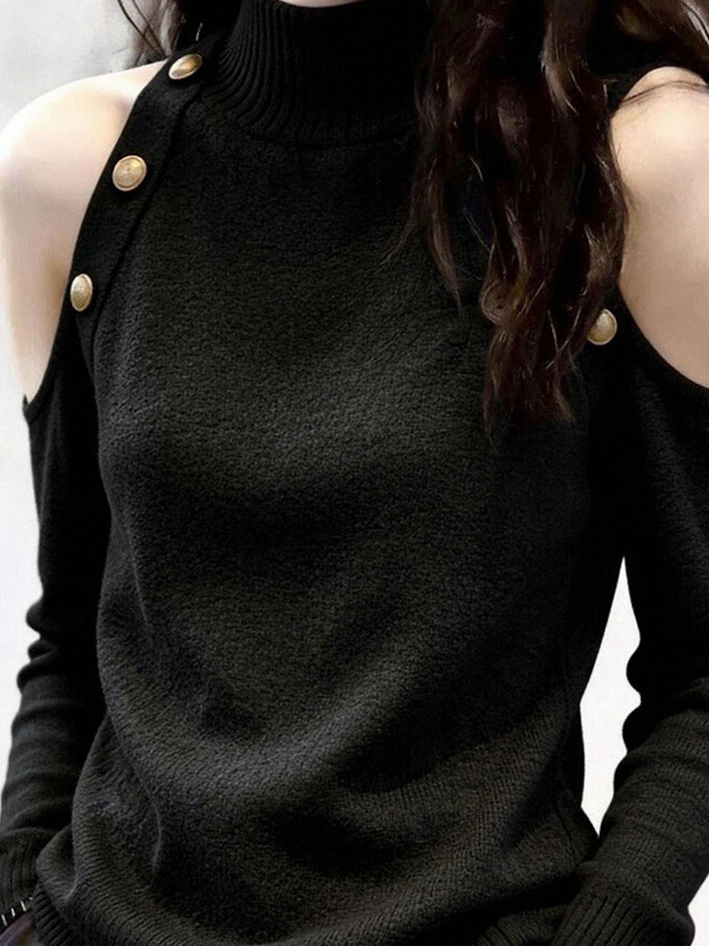 Black Stand Collar Off-Shoulder Knit Top for Women Fall 2026 - Image 4