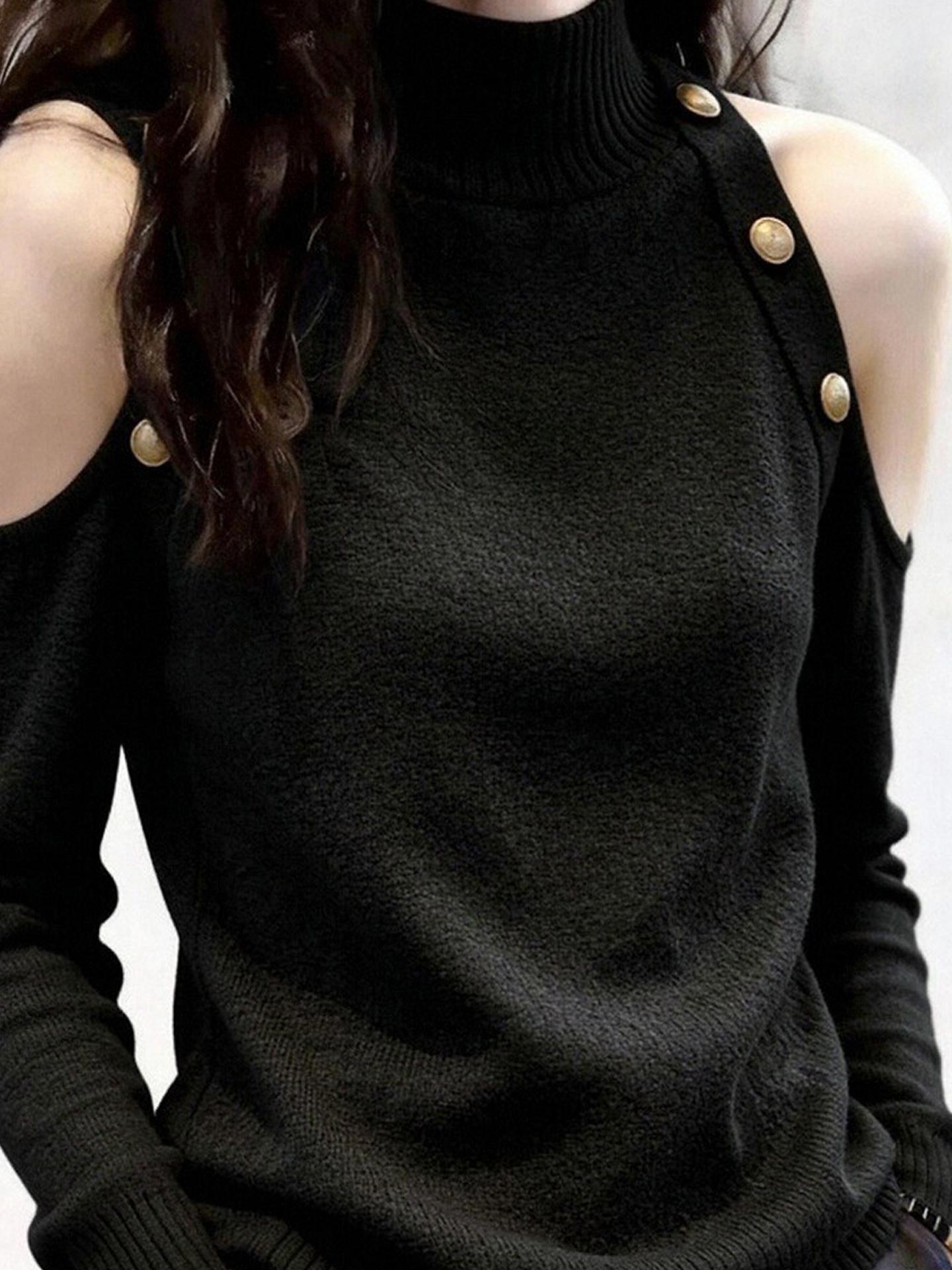 Black Stand Collar Off-Shoulder Knit Top for Women Fall 2026 - Image 3