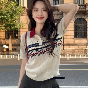 French Retro Polo Collar Striped Short Sleeve Knit Top for Women