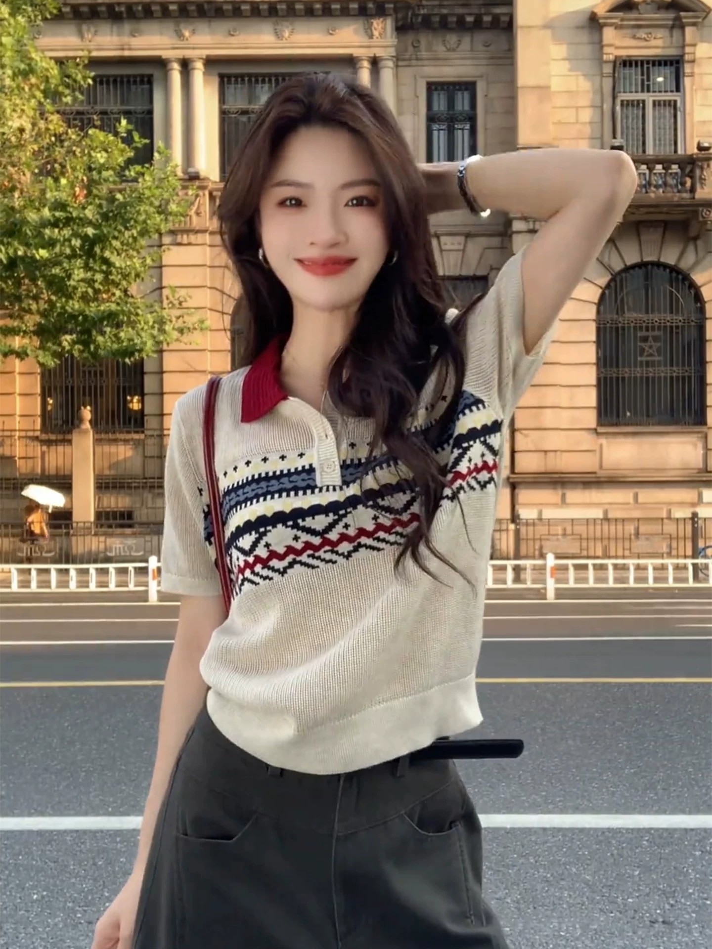 French Retro Polo Collar Striped Short Sleeve Knit Top for Women