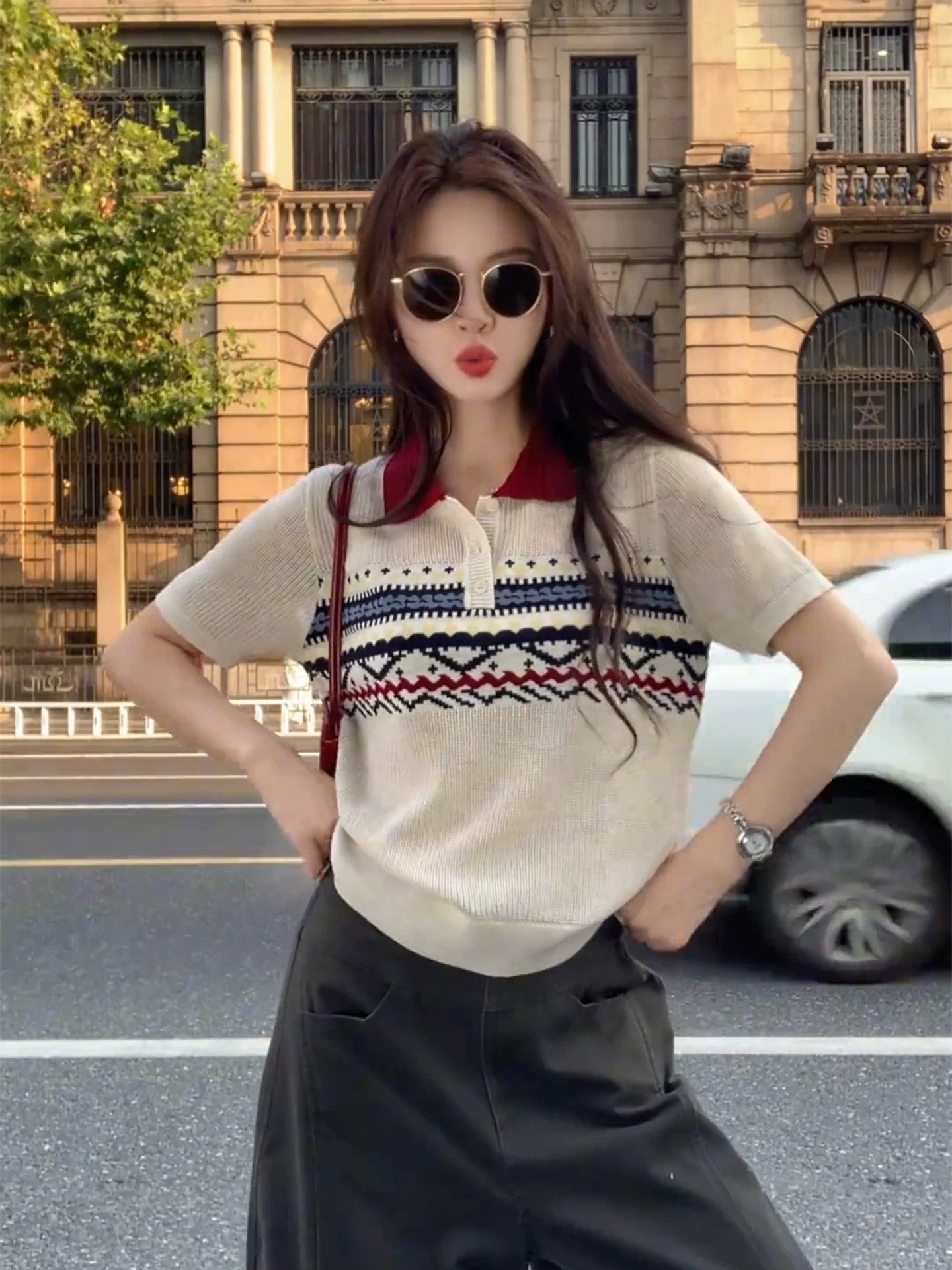 French Retro Polo Collar Striped Short Sleeve Knit Top for Women - Image 2