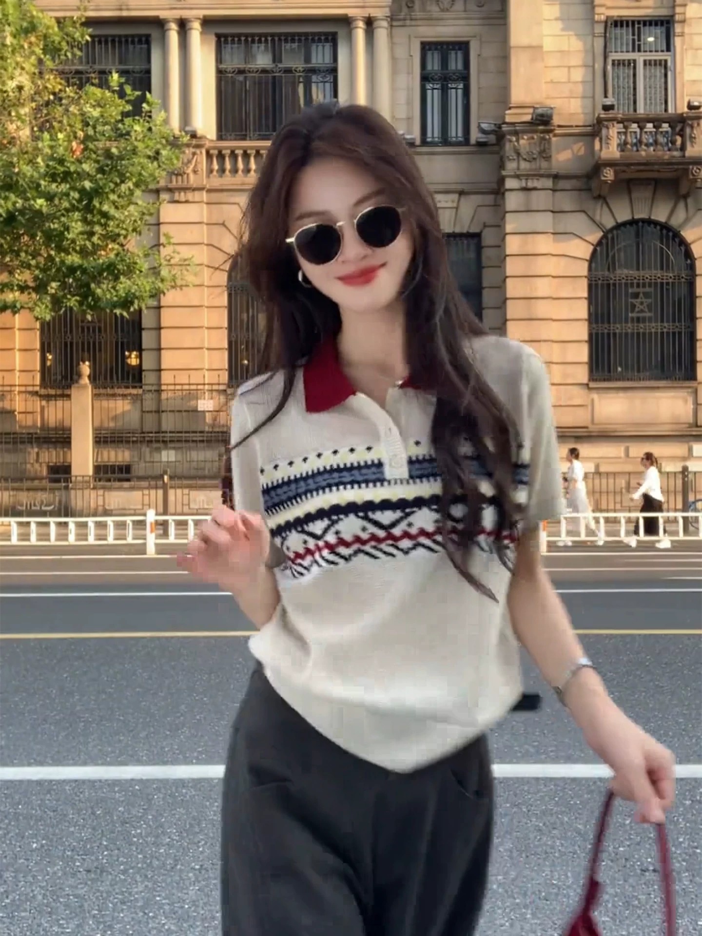 French Retro Polo Collar Striped Short Sleeve Knit Top for Women - Image 3