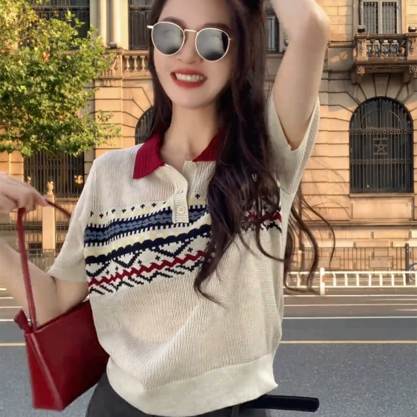 French Retro Polo Collar Striped Short Sleeve Knit Top for Women - Image 5