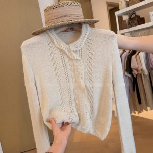 French Style Milky White Lace Collar Knit Cardigan for Women Autumn Lazy Slimming Top