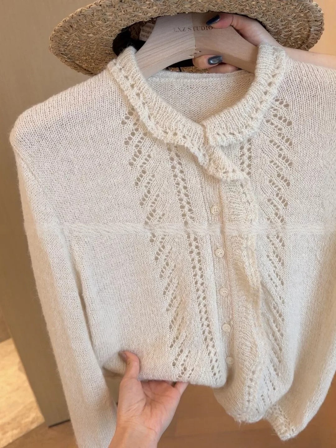 French Style Milky White Lace Collar Knit Cardigan for Women Autumn Lazy Slimming Top - Image 3