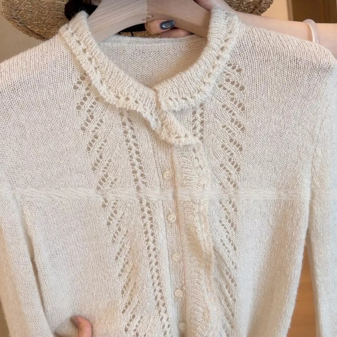 French Style Milky White Lace Collar Knit Cardigan for Women Autumn Lazy Slimming Top - Image 5